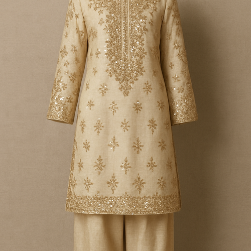 Pakistani shalwar and kameez on raw silk dress sequins 


