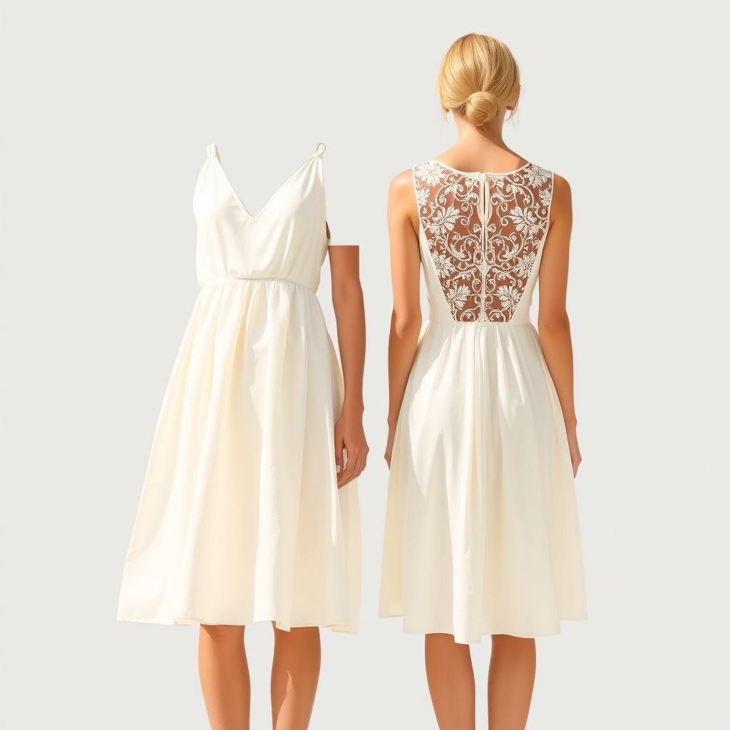 שמלת קצרה של קיץ סטייל נקי קדימה ואחורה
Imagine a short summer dress with a clean, minimalist design, featuring soft, flowing lines that drape gracefully. The front showcases a subtle, v-neckline, while the back surprises with a delicate lace detailing. Crafted from lightweight, breathable fabric in a serene pastel hue, it embodies effortless elegance and modern sophistication for sunny days.