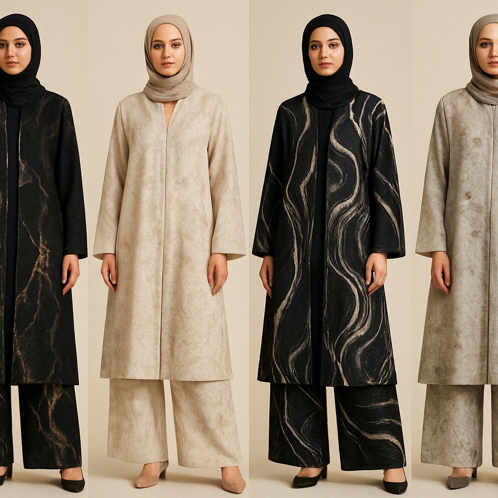 Create a modest abaya and loose pant, first of its kind, featuring a unique stone design that exudes a classy and sophisticated vibe. I'd like four designs, each showcasing different styles and fabrics. Incorporate high-end, unique chic stone designs to make them truly special. Add little sophisticated stone designs. Make it irresistible!

Create a modest abaya and loose pant, first of its kind, featuring a unique stone design that exudes a classy and sophisticated vibe. I'd like four designs, each showcasing different styles and fabrics. Incorporate high-end, unique chic stone designs to make them truly special. Add little sophisticated stone designs. Make it irresistible!