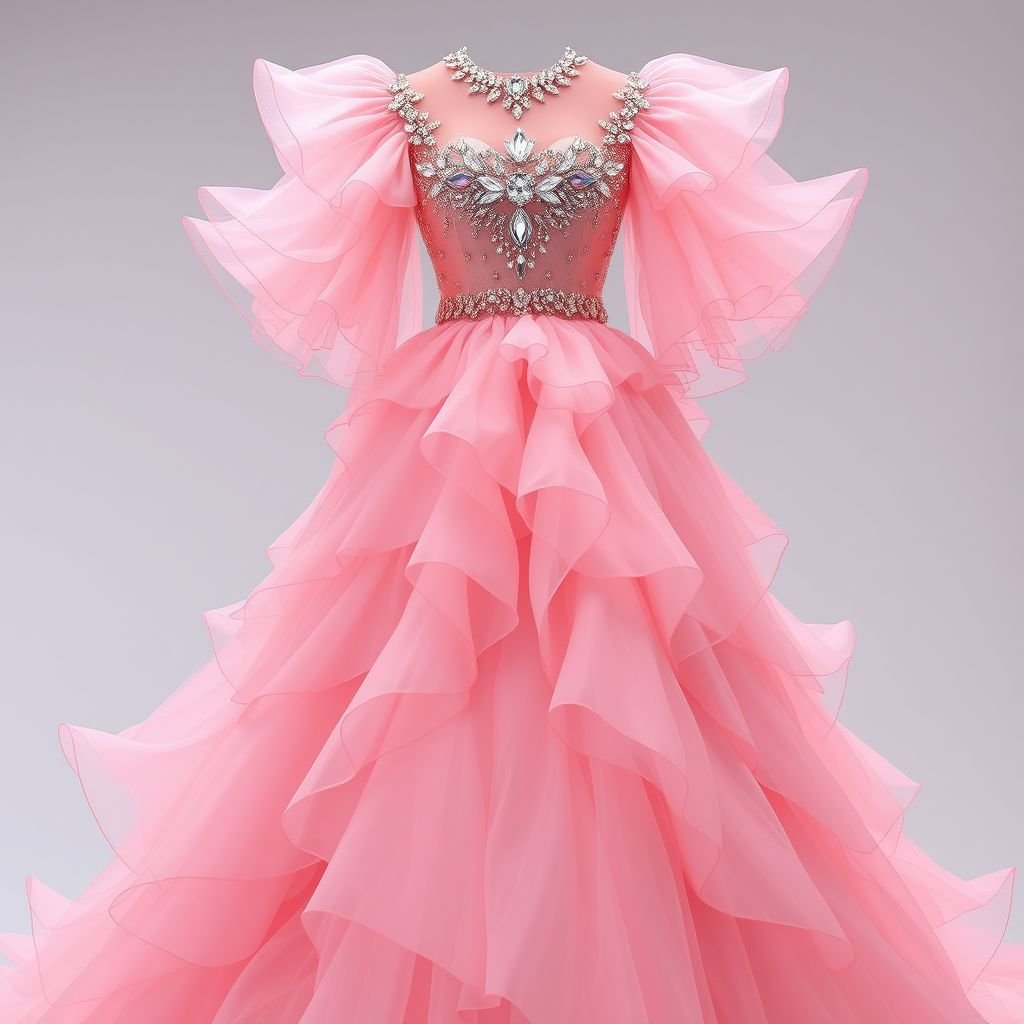 Pink gown with ruffles and diamonds
Envision an ethereal pink gown cascading gracefully to the floor, adorned with shimmering diamonds along the neckline and waist. Layers of soft, romantic ruffles create movement and texture, while sheer, flowing sleeves add a touch of whimsy. This opulent design melds modern glamour with fairy-tale elegance, perfect for a red-carpet event.