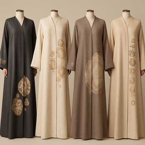 Create a modest abaya that's the first of its kind, featuring a unique stone design that exudes a classy and sophisticated vibe. I'd like four designs, each showcasing different styles and fabrics.Incorporate high-end, unique chic stone designs to make them truly special. And add little cute touch of sophisticated stone designs.