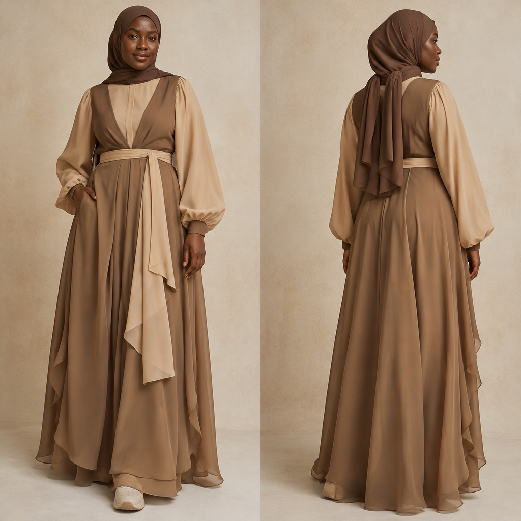 A Female Dress design, made of Chiffon, with a crisp, structured drape, with an Oversized silhouette, with modest, full coverage: longer hemlines, higher necklines and covered shoulders, in an Earth Tones color palette, for Casual, suitable for Summer, suited to a Tropical climate, in School Uniform style, shown on a model with deep skin tone and a curvy figure Present it as professional fashion catalogue photography: the garment is the subject, shown full-length with editorial styling, neutral posing and tasteful, non-suggestive framing.
photorealistic fashion design, A Female Dress design, made of Chiffon, with a crisp, structured drape, with an Oversized silhouette, with modest, full coverage: longer hemlines, higher necklines and covered shoulders, in an Earth Tones color palette, for Casual, suitable for Summer, suited to a Tropical climate, in School Uniform style, shown on a model with deep skin tone and a curvy figure Present it as professional fashion catalogue photography: the garment is the subject, shown full-length with editorial styling, neutral posing and tasteful, non-suggestive framing., school_uniform style, just the design no text