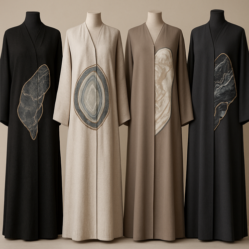Create a modest abaya that's the first of its kind, featuring a unique stone design that exudes a classy and sophisticated vibe. I'd like four designs, each showcasing different styles and fabrics.
Incorporate high-end, unique chic stone designs to make them truly special.