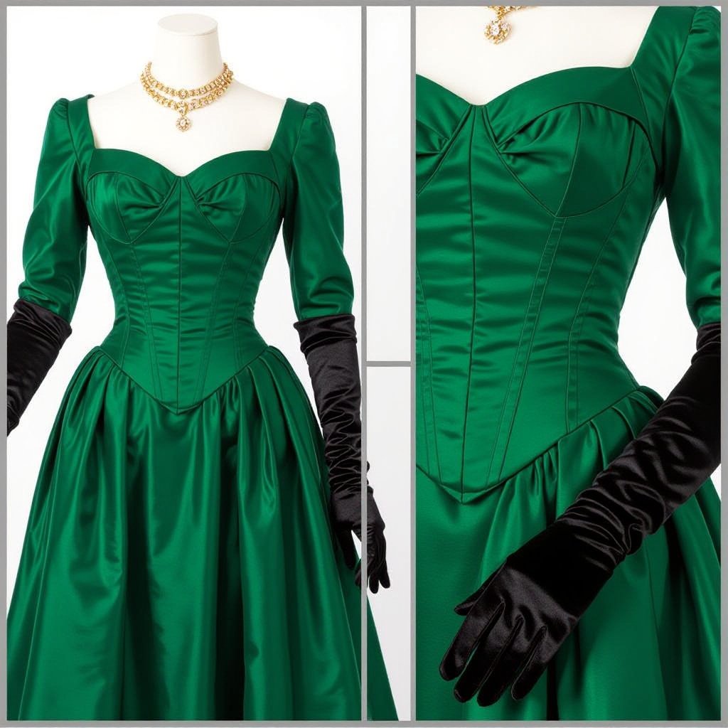 I want a rich royal jade green dress, very eye-catching with gold accessories, a corset and gloves.
Vintage fashion: Vintage jade green silk dress, fitted bodice with corset, long skirt. Gold accessories and long gloves.