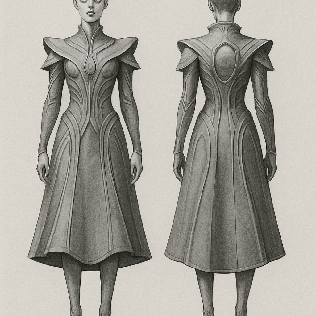 Create me a Women’s Unique Alien wear design dress. It should be below the knees (mid calf length). Runway designed.
Create me a Women’s Unique Alien wear design dress. It should be below the knees (mid calf length). Runway designed.
, monochrome style, show front and back