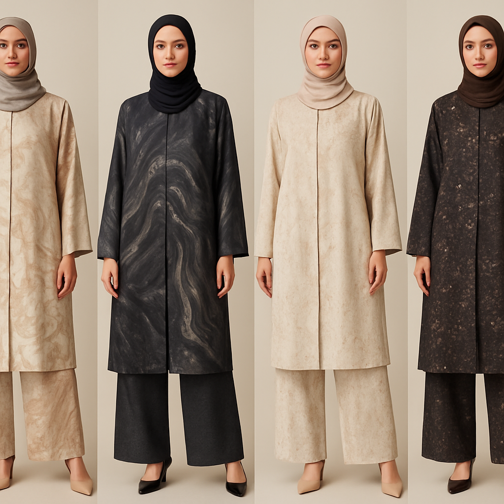 Create a modest abaya and loose pant, first of its kind, featuring a unique stone design that exudes a classy and sophisticated vibe. I'd like four designs, each showcasing different styles and fabrics. Incorporate high-end, unique chic stone designs to make them truly special. Add little sophisticated stone designs. Make it irresistible!

Create a modest abaya and loose pant, first of its kind, featuring a unique stone design that exudes a classy and sophisticated vibe. I'd like four designs, each showcasing different styles and fabrics. Incorporate high-end, unique chic stone designs to make them truly special. Add little sophisticated stone designs. Make it irresistible!