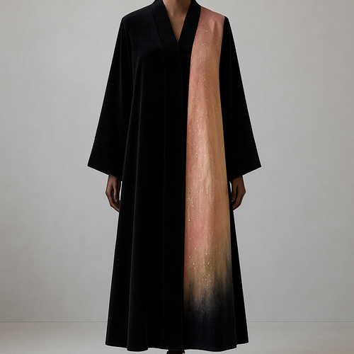 
9) Watercolor ombré panel  
Photorealistic full-length black velvet ankle-length abaya on a luxurious polished dark-walnut wooden mannequin with carved pedestal, ankle visible; soft watercolor-painted panel along one side in blush-to-gold ombré, highlighted with sparse crystal accents that follow the paint strokes. Studio: soft natural light, clean light-gray background, high-resolution painterly detail. (Midjourney: --ar 2:3 --v 5 --q 2 --stylize 1000)