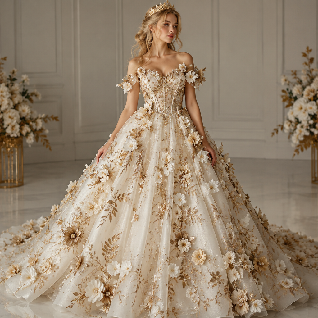 White and gold American girl wedding dress with flowers and embellishments all over it’s beautiful and a small gold crown on top
photorealistic fashion design, White and gold American girl wedding dress with flowers and embellishments all over it’s beautiful and a small gold crown on top, scene style, just the design no text