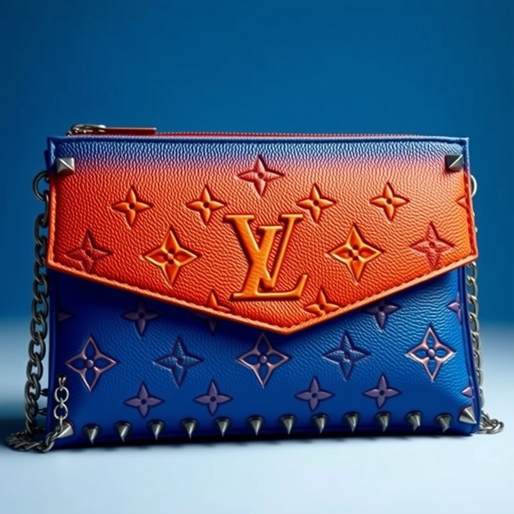 Design a large Louis Vuitton-inspired clutch featuring a vibrant, gradient ombre effect that transitions from deep blue to soft blue. The bag is adorned with intricate, hand-stitched Louis Vuitton motifs and metal edging details. Complete it with a detachable chain strap for versatile wear, combining elegance with a bold statement style.
Design an oversized Louis Vuitton-inspired clutch that exudes edgy glamour, featuring a bold gradient ombre effect from deep cobalt to electric azure. Intricate, hand-stitched Louis Vuitton motifs intertwine with sharp metal spikes and a studded edging, creating a fierce contrast. Finish with a chunky, detachable chain strap for a rebellious twist.