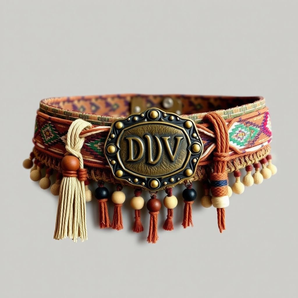 Belt that says DDV
Design a dramatic bohemian-inspired belt featuring intricate, handwoven textiles in earthy tones and vibrant patterns. Adorn the belt with tassels made of natural fibers and cascading beads that catch the light. The central feature showcases a vintage brass buckle engraved with the initials “DDV,” adding a rustic charm to this free-spirited accessory.