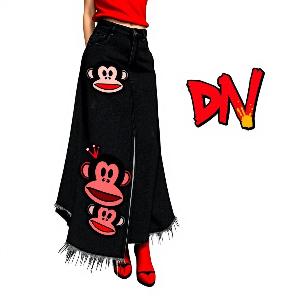 Do a collab with my brand “Da’Vine” or “DV” and “Paul frank” with the monkey symbol. Create a Maxi denim skirt and create a design for the collab on it! With “DV” somewhere on it. Make it red and black
Design an edgy, oversized maxi denim skirt for the "Da’Vine x Paul Frank" collab, featuring bold red and black hues. Incorporate the iconic monkey symbol playfully stitched on the hem, with graffiti-style "DV" prominently displayed in a vibrant splatter print. Emphasize streetwear vibes with distressed details and an asymmetrical cut.