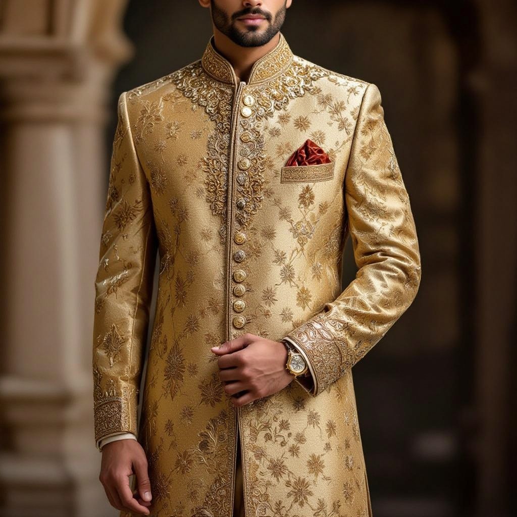Serwani
Traditional fashion: Traditional Sherwani, long gold silk coat, high neck, straight pants.
