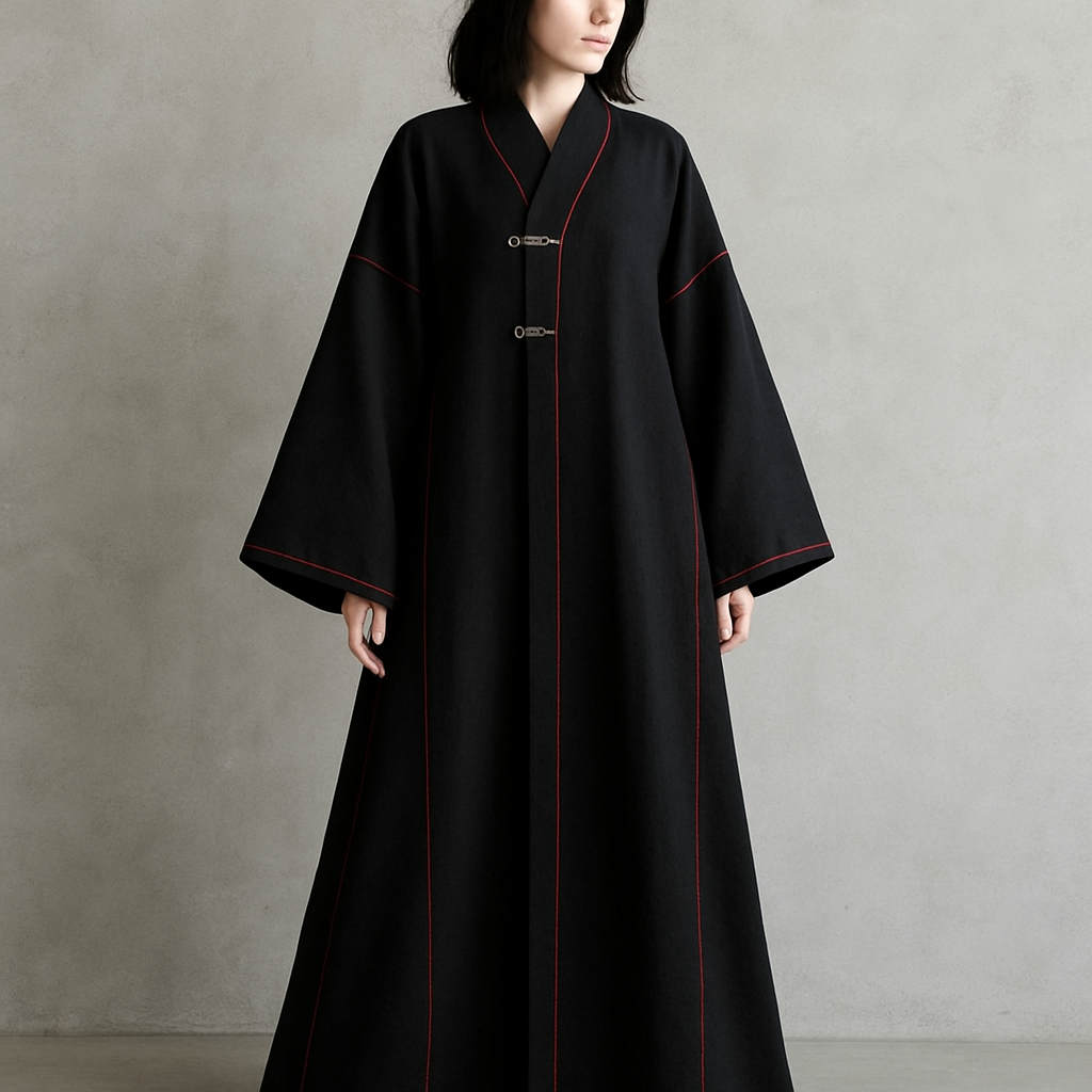 Fait moi une abaya très longue pour femme en t'inspirant des col et des ouvertures des hauts traditionnel japonais. Je veux que les ouvertures soit sur le côté jusqu'au niveau de la poitrine avec des clips en métal. Je veux que les coutures soit apparente en rouge sur les poignées et le long de la fermeture de la abaya. Je veux qu'elle soit oversize que ce soit sur les manches (droite) ou sur tout le long

Fait moi une abaya très longue pour femme en t'inspirant des col et des ouvertures des hauts traditionnel japonais. Je veux que les ouvertures soit sur le côté jusqu'au niveau de la poitrine avec des clips en métal. Je veux que les coutures soit apparente en rouge sur les poignées et le long de la fermeture de la abaya. Je veux qu'elle soit oversize que ce soit sur les manches (droite) ou sur tout le long, japanese_street style