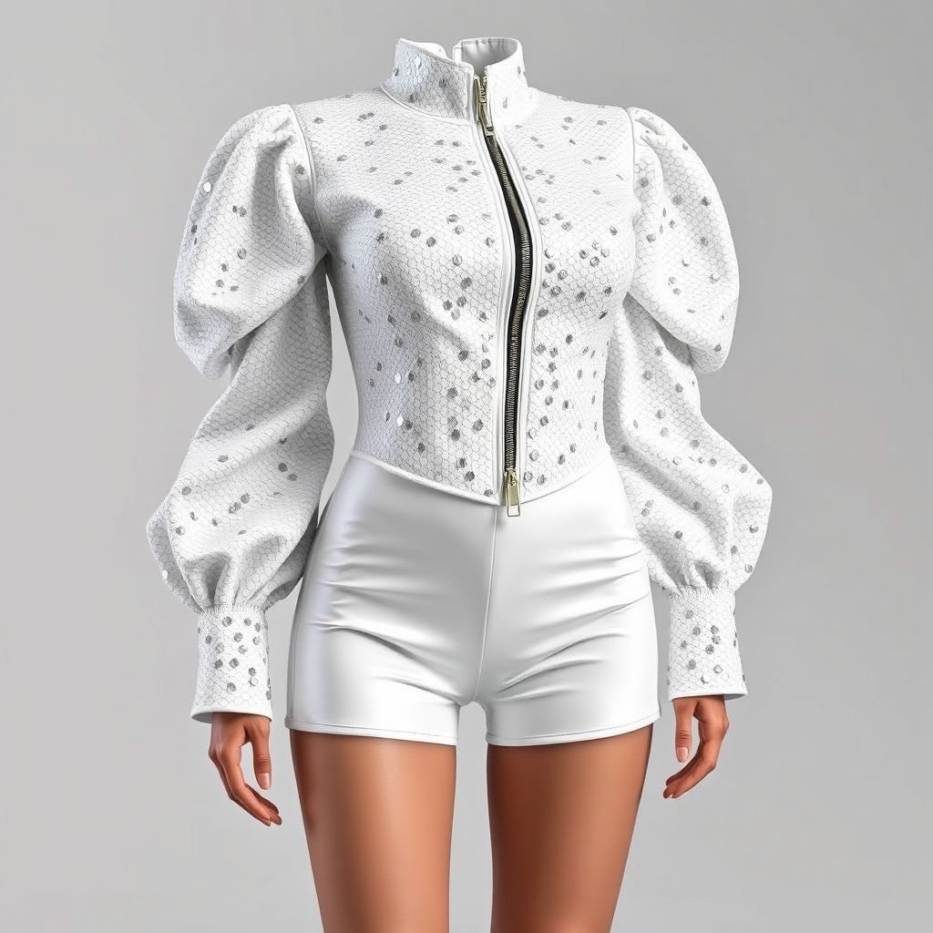 white sequins zipper shorts unitard
Design a avant-garde white sequined zipper shorts unitard, merging playfulness with sophistication. Featuring a high-collared neckline and asymmetrical zipper, the shorts reveal a contrasting iridescent fabric beneath. Exaggerated statement sleeves add drama, while a fitted bodice enhances the silhouette. Complete the look with metallic ankle boots for a dazzling night out.
