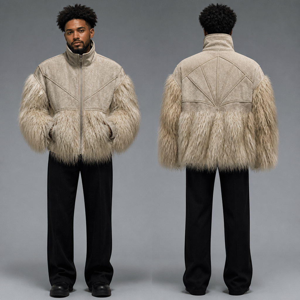 A Male fashion design. i want a newer type of style for this type of jacket. this is a famous singer and those jackets are iconic for its many fans, it need to look juvenile and also keep the beards around the body and sleves
photorealistic fashion design, A Male fashion design. i want a newer type of style for this type of jacket. this is a famous singer and those jackets are iconic for its many fans, it need to look juvenile and also keep the beards around the body and sleves, just the design no text