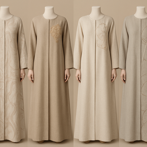 Create a modest two-piece linen abaya, the first of its kind, featuring a unique stone design that exudes a classy and sophisticated vibe. I’d like four designs, each showcasing different styles and fabrics. Incorporate high-end, unique chic stone designs to make them truly special. Add little sophisticated stone designs.