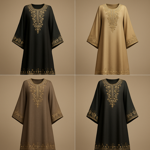 Create me modest boubou that's first in the world, using unique stone design, classy and sophisticated. Keep me 4 designs. Make them rich by adding minimal stone embroidery and stones designs.