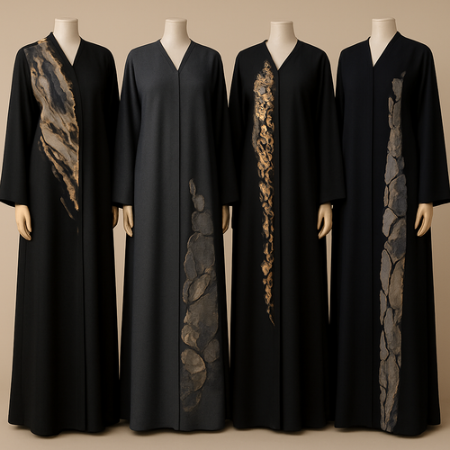 Create a modest abaya that's the first of its kind, featuring a unique stone design that exudes a classy and sophisticated vibe. I'd like four designs, each showcasing different styles and fabrics.
Incorporate high-end, unique chic stone designs to make them truly special. Add a little sophisticated stone work to it.
