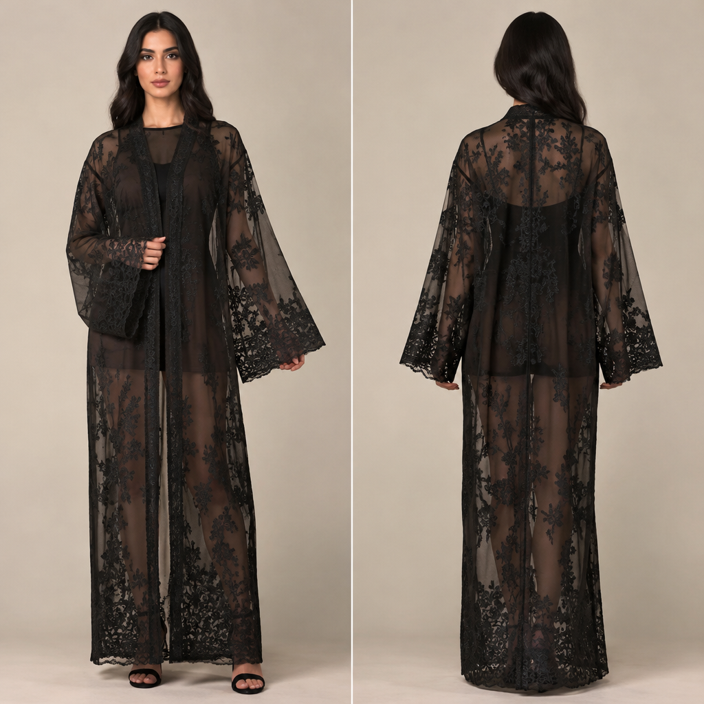 A fully sheer abaya featuring black lace, a straight-cut design, and square-shaped sleeves.
photorealistic fashion design, A fully sheer abaya featuring black lace, a straight-cut design, and square-shaped sleeves., just the design no text, show front and back