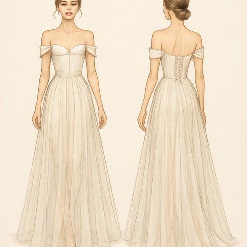 Off shoulder, princess cut corset top, sheer skirt dress. 