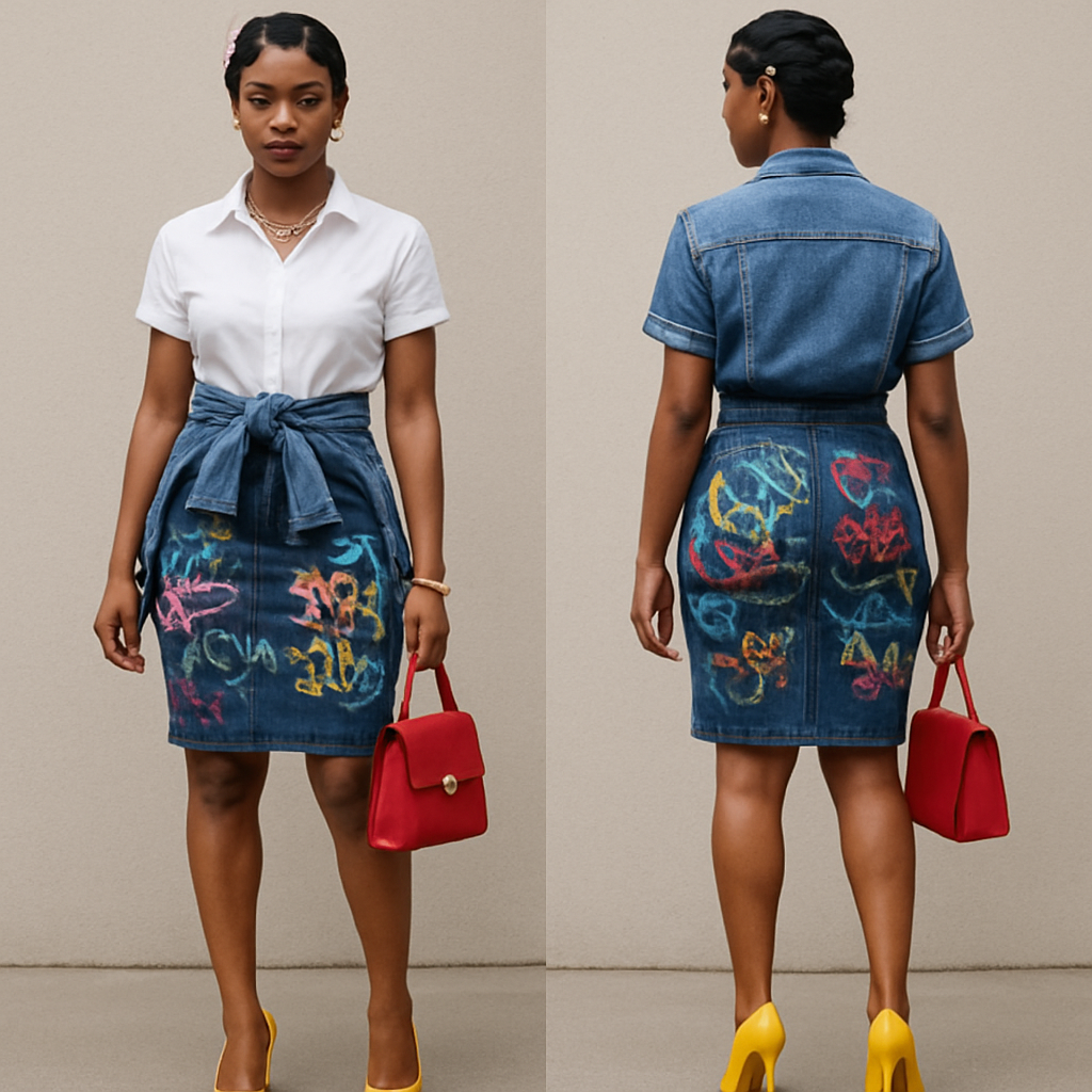 Black woman
Finger waves
White collared shirt short sleeves
Blue Jean Jacket tied around with shirt at the chest into a bow
Tight Jean skirt with graffiti
Yellow heels
Red purse
Gold jewelry
Black woman
Finger waves
White collared shirt short sleeves
Blue Jean Jacket tied around with shirt at the chest into a bow
Tight Jean skirt with graffiti
Yellow heels
Red purse
Gold jewelry
, streetwear style, show front and back