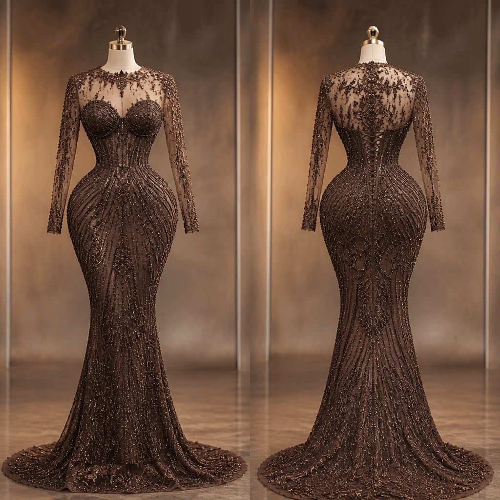 Illustrate the first design exactly as it is, without changing the shape, structure, neckline, cup design, beaded patterns, or overall silhouette. Use the second image’s brown/chocolate embroidered beaded fabric to create the main body of the outfit, matching its color, texture, and beadwork. Then add Chantilly lace with brown beads specifically on the upper-hand/upper-body area, blending it naturally into the design. Keep the original first design completely intact—only replace the fabric and add the specified Chantilly beaded detail. Make it look luxurious, elegant, realistic, and couture.”
photorealistic fashion design, Illustrate the first design exactly as it is, without changing the shape, structure, neckline, cup design, beaded patterns, or overall silhouette. Use the second image’s brown/chocolate embroidered beaded fabric to create the main body of the outfit, matching its color, texture, and beadwork. Then add Chantilly lace with brown beads specifically on the upper-hand/upper-body area, blending it naturally into the design. Keep the original first design completely intact—only replace the fabric and add the specified Chantilly beaded detail. Make it look luxurious, elegant, realistic, and couture.”, african style, just the design no text, show front and back