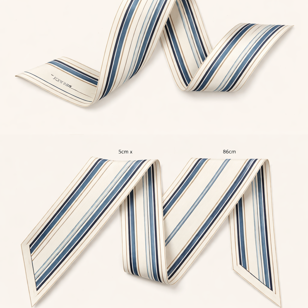 Design a 5cm x 86cm silk twill scarf for Jolie Franc, combining British tailoring precision with subtle feminine proportions. Feature narrow, tailored stripes in navy and soft steel blue, perfectly aligned and softly graduated for balance. Base color: warm ivory. Include a thin framed border and hand-rolled edges. The scarf should feel polished, structured, and elegant, ideal for wrapping on a Kelly-style bag handle or wearing for evening occasions.
Design a 5cm x 86cm silk twill scarf for Jolie Franc, combining British tailoring precision with subtle feminine proportions. Feature narrow, tailored stripes in navy and soft steel blue, perfectly aligned and softly graduated for balance. Base color: warm ivory. Include a thin framed border and hand-rolled edges. The scarf should feel polished, structured, and elegant, ideal for wrapping on a Kelly-style bag handle or wearing for evening occasions., classic style, show front and back