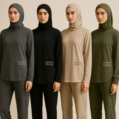 Create a revolutionary women’s modest loose gym wear brand called “Modest Fleur”. Display the brand name on the garments in a unique design on the right side, in small thick writing that exudes a classy and sophisticated vibe. I’d like four designs, each showcasing different styles and fabrics, with high-end, unique chic designs to make them truly special.
