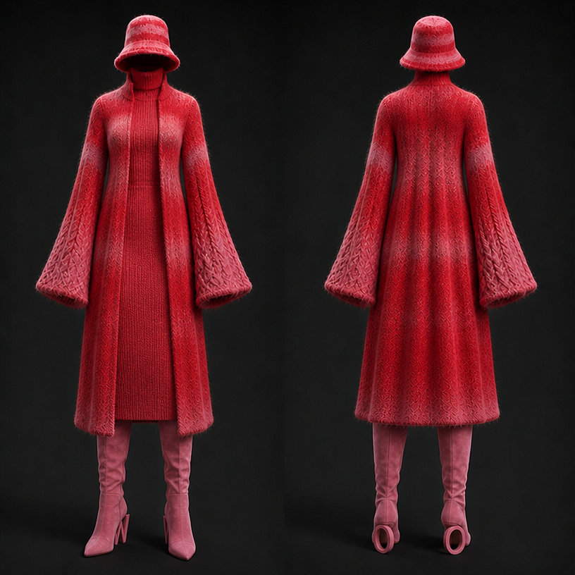 Change the heel to a W and a O and a matching turtleneck dress same color
edit the attached fashion design with these instructions: Change the heel to a W and a O and a matching turtleneck dress same color. keep it photorealistic, just the design no text