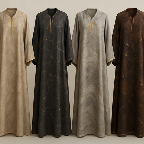 Create a modest boubou, the first of its kind, featuring a unique stone design that exudes a classy and sophisticated vibe. I'd like four designs, each showcasing different styles and fabrics. Incorporate high-end, unique chic stone designs to make them truly special. Add little sophisticated stone designs.