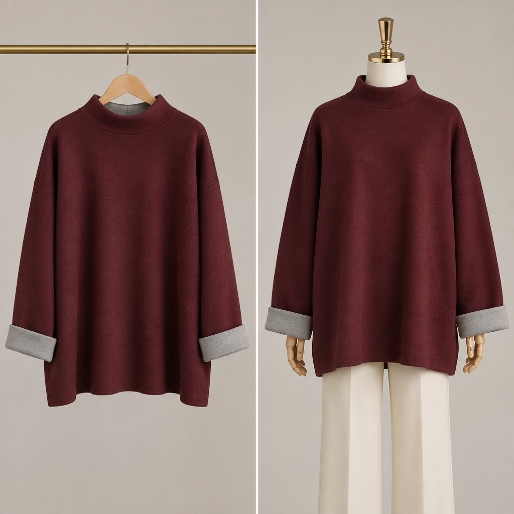 A Female Dress design, with modest, full coverage: longer hemlines, higher necklines and covered shoulders, suitable for Fall. كنزة شتوية نسائية من قماش Double Face متوسط السماكة.
القصة فضفاضة بزيادة وبشكل واضح جدًا عند ارتدائها؛ تكون واسعة ومريحة حول الجسم، مع مساحة كبيرة وواضحة بين الجسم والقماش. تبقى هذه الفضفاضية موجودة من الأعلى إلى الأسفل، بدون تضييق عند الخصر أو الوركين.
طول الكنزة يكون عند أسفل المؤخرة، وليس فوق الركبة.
الأكمام طويلة وواسعة، وتصل عند ارتدائها بشكل طبيعي إلى منتصف الكف. الأكمام فضفاضة وليست ضيقة عند المعصم.
القماش دافئ ومناسب للشتاء، لكن ليس ثقيلًا.
الألوان:
- الوجه الخارجي: بورقاندي / Bordeaux.
- الوجه الداخلي: ڨري فاتح / Light Grey.
عند ارتداء الكنزة يكون الوجه الخارجي بالكامل باللون البورقاندي. يمكن طي الأكمام قليلًا وبسمك متوسط لإظهار اللون الڨري الفاتح من الوجه الداخلي لنفس القماش.
القطعة من Double Face حقيقي كقطعة واحدة، وليست قطعتين منفصلتين ملتصقتين.
بدون أي ألوان إضافية، وبدون خطوط أو شرائط أو حواف بلون مختلف، وبدون شعار أو كتابة أو زخارف.
اعرض التصميم في منظرين منفصلين وواضحين لنفس الكنزة:
1. الكنزة معلقة على علاقة ملابس (cintre)، بمنظر أمامي كامل.
2. الكنزة على دمية عرض الملابس (mannequin de vitrine)، بمنظر أمامي كامل.
في المنظرين يجب أن يكون نفس التصميم تمامًا، بنفس القصة والمقاسات والألوان.. Algeria fashion aesthetics. Present it as professional fashion catalogue photography: the garment is the subject, shown full-length with editorial styling, neutral posing and tasteful, non-suggestive framing.
photorealistic fashion design, A Female Dress design, with modest, full coverage: longer hemlines, higher necklines and covered shoulders, suitable for Fall. كنزة شتوية نسائية من قماش Double Face متوسط السماكة.
القصة فضفاضة بزيادة وبشكل واضح جدًا عند ارتدائها؛ تكون واسعة ومريحة حول الجسم، مع مساحة كبيرة وواضحة بين الجسم والقماش. تبقى هذه الفضفاضية موجودة من الأعلى إلى الأسفل، بدون تضييق عند الخصر أو الوركين.
طول الكنزة يكون عند أسفل المؤخرة، وليس فوق الركبة.
الأكمام طويلة وواسعة، وتصل عند ارتدائها بشكل طبيعي إلى منتصف الكف. الأكمام فضفاضة وليست ضيقة عند المعصم.
القماش دافئ ومناسب للشتاء، لكن ليس ثقيلًا.
الألوان:
- الوجه الخارجي: بورقاندي / Bordeaux.
- الوجه الداخلي: ڨري فاتح / Light Grey.
عند ارتداء الكنزة يكون الوجه الخارجي بالكامل باللون البورقاندي. يمكن طي الأكمام قليلًا وبسمك متوسط لإظهار اللون الڨري الفاتح من الوجه الداخلي لنفس القماش.
القطعة من Double Face حقيقي كقطعة واحدة، وليست قطعتين منفصلتين ملتصقتين.
بدون أي ألوان إضافية، وبدون خطوط أو شرائط أو حواف بلون مختلف، وبدون شعار أو كتابة أو زخارف.
اعرض التصميم في منظرين منفصلين وواضحين لنفس الكنزة:
1. الكنزة معلقة على علاقة ملابس (cintre)، بمنظر أمامي كامل.
2. الكنزة على دمية عرض الملابس (mannequin de vitrine)، بمنظر أمامي كامل.
في المنظرين يجب أن يكون نفس التصميم تمامًا، بنفس القصة والمقاسات والألوان.. Algeria fashion aesthetics. Present it as professional fashion catalogue photography: the garment is the subject, shown full-length with editorial styling, neutral posing and tasteful, non-suggestive framing., just the design no text