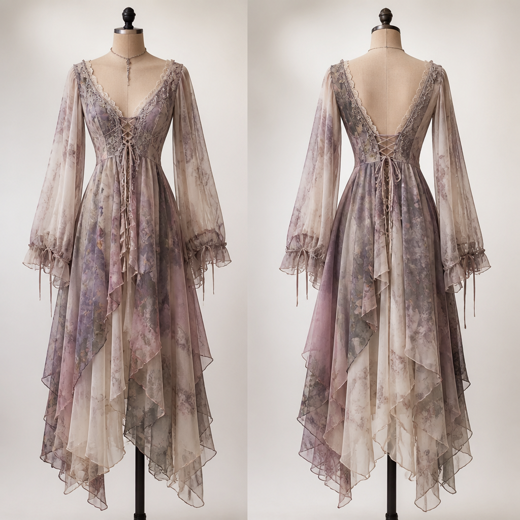 A Female Dress design, made of Chiffon, for Casual, suitable for Spring, in Cottagecore + Boho Chic + Pastel Goth style. Bahrain fashion aesthetics.
photorealistic fashion design, A Female Dress design, made of Chiffon, for Casual, suitable for Spring, in Cottagecore + Boho Chic + Pastel Goth style. Bahrain fashion aesthetics., cottagecore style, just the design no text, show front and back