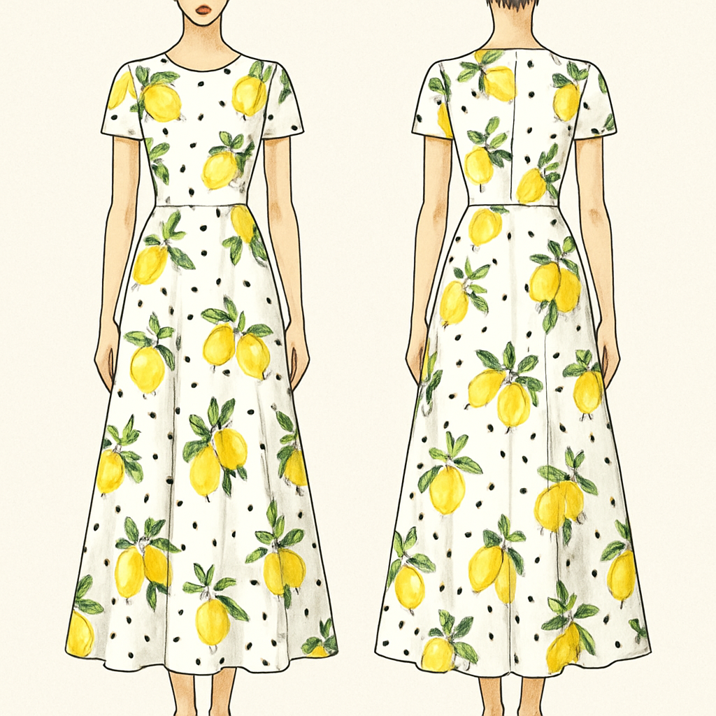 Long white dress with yellow lemons and green leaves and black polka dots and short sleeves
Long white dress with yellow lemons and green leaves and black polka dots and short sleeves , show front and back
