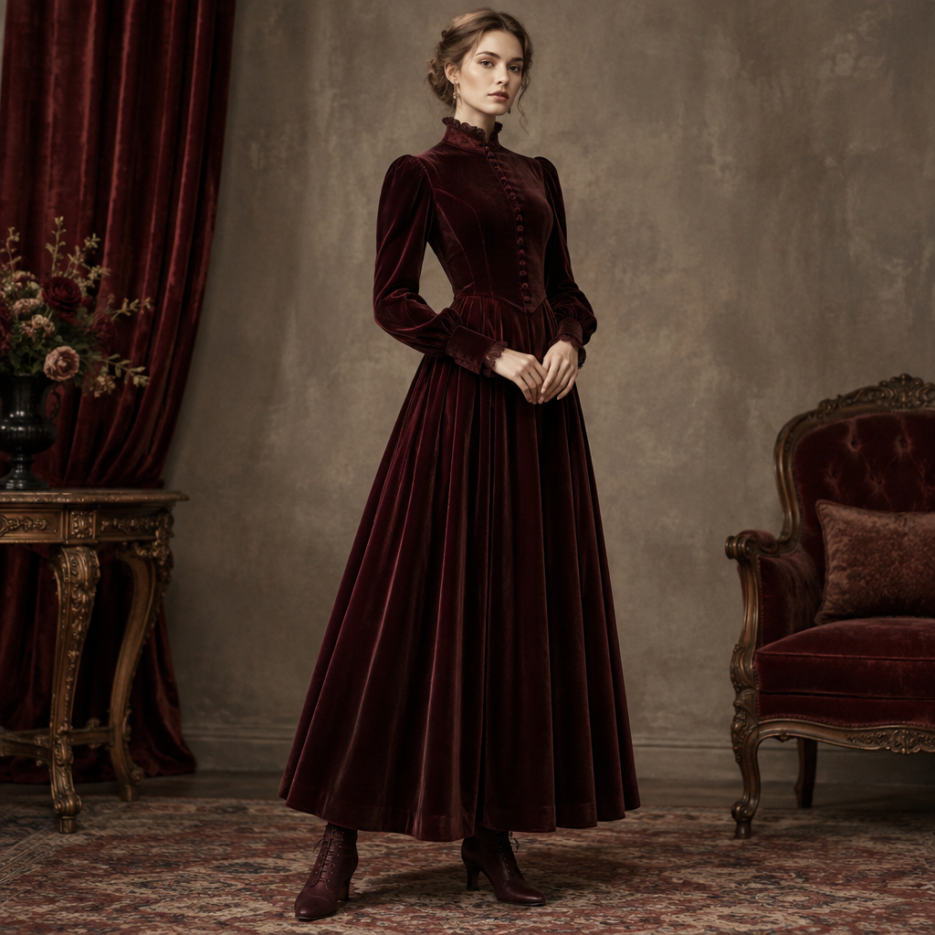photorealistic fashion design, A Female Dress design, made of Velvet, with a soft, cosy hand, with a Fitted silhouette, with modest, full coverage: longer hemlines, higher necklines and covered shoulders, in a Monochrome color palette, for Formal, suitable for Fall, in Victorian style, shown on a model with fair skin and an athletic build. 高貴、朝氣、內斂 Present it as professional fashion catalogue photography: the garment is the subject, shown full-length with editorial styling, neutral posing and tasteful, non-suggestive framing., victorian style, just the design no text. Refinement: 搭配服裝的鞋
photorealistic fashion design, photorealistic fashion design, A Female Dress design, made of Velvet, with a soft, cosy hand, with a Fitted silhouette, with modest, full coverage: longer hemlines, higher necklines and covered shoulders, in a Monochrome color palette, for Formal, suitable for Fall, in Victorian style, shown on a model with fair skin and an athletic build. 高貴、朝氣、內斂 Present it as professional fashion catalogue photography: the garment is the subject, shown full-length with editorial styling, neutral posing and tasteful, non-suggestive framing., victorian style, just the design no text. Refinement: 搭配服裝的鞋, just the design no text