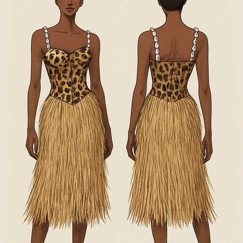 Raphia skirt
Leopard corset with cowries 
With cowries strap over the shoulder 

