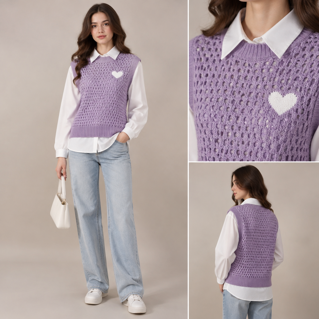 A Top design, in Elegant style. بلوزة حفر عريض صوف لون بنفسجي فاتح مع قلب ابيض على الصدر الايمن وتحتها قميص ابيض ذو أكمام سادة. SY fashion aesthetics. Present it as professional fashion catalogue photography: the garment is the subject, shown full-length with editorial styling, neutral posing and tasteful, non-suggestive framing.
photorealistic fashion design, A Top design, in Elegant style. بلوزة حفر عريض صوف لون بنفسجي فاتح مع قلب ابيض على الصدر الايمن وتحتها قميص ابيض ذو أكمام سادة. SY fashion aesthetics. Present it as professional fashion catalogue photography: the garment is the subject, shown full-length with editorial styling, neutral posing and tasteful, non-suggestive framing., elegant style, just the design no text