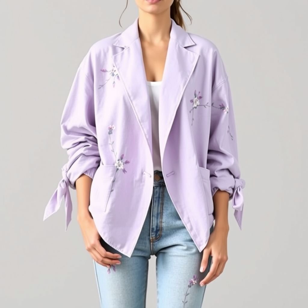 A feminine casual oversized blazer with tide sleeves
Design a feminine oversized blazer characterized by a soft, draping silhouette, featuring trendy tie sleeves that cinch at the wrists for a playful touch. Made from lightweight linen in a pastel lavender hue, the blazer is adorned with delicate hand-painted floral motifs. Pair it with high-waisted denim for a chic casual look.