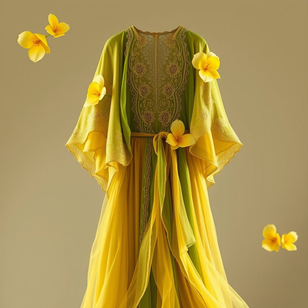 Robe ylang ylang
Design a luxurious robe inspired by the ylang-ylang flower, featuring cascading layers of soft, silk organza in deep yellow and rich green hues. Embellished with delicate lace resembling petals and accented with fragrant floral motifs, this romantic piece combines bohemian elegance with a touch of exotic charm, perfect for evening soirées.