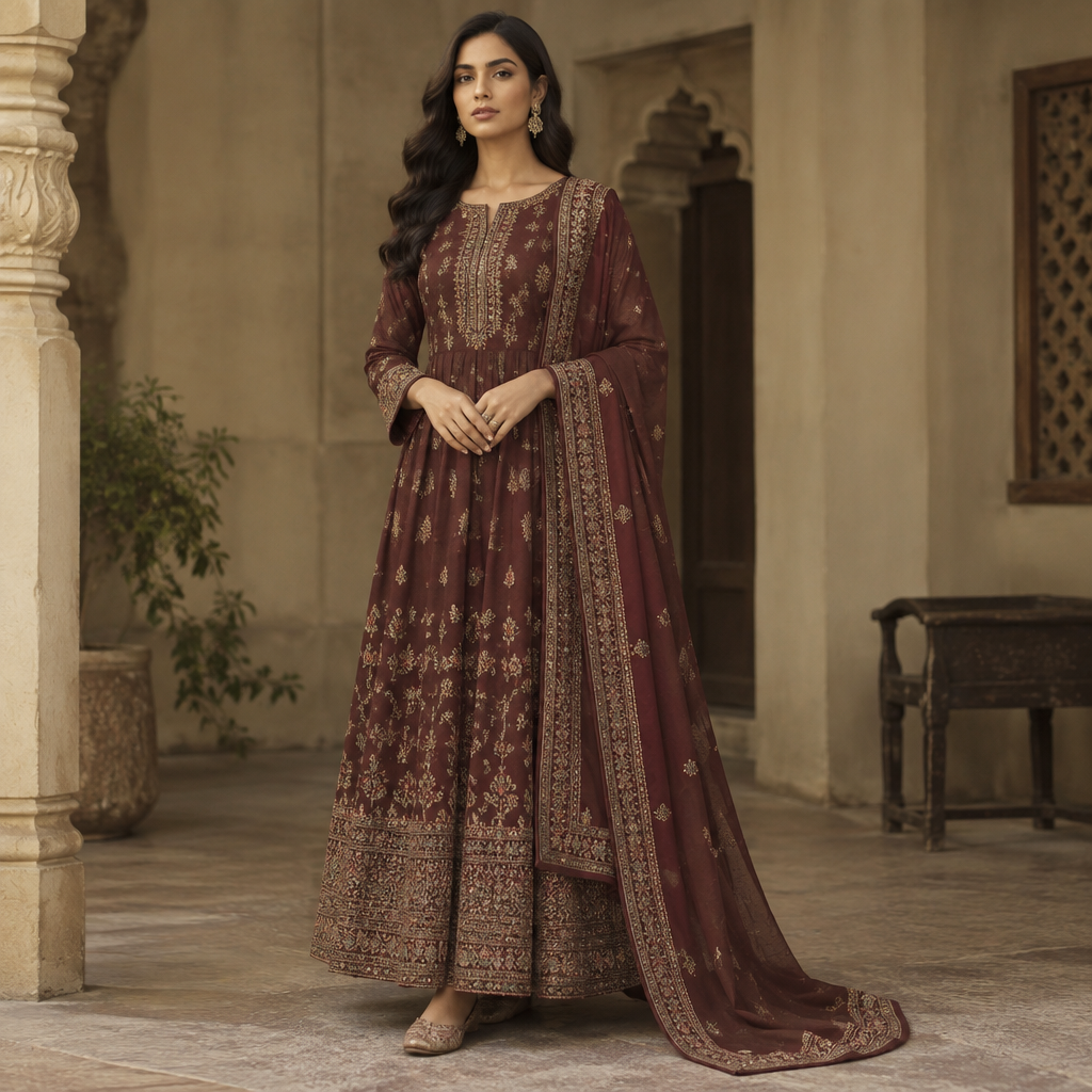 A Female Dress design, suitable for Fall, in Elegant style. India fashion aesthetics. Present it as professional fashion catalogue photography: the garment is the subject, shown full-length with editorial styling, neutral posing and tasteful, non-suggestive framing.
photorealistic fashion design, A Female Dress design, suitable for Fall, in Elegant style. India fashion aesthetics. Present it as professional fashion catalogue photography: the garment is the subject, shown full-length with editorial styling, neutral posing and tasteful, non-suggestive framing., elegant style, just the design no text