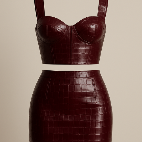 Leather crocodile print crop corset in the colour wine with matching skirt
Make skirt mini in length and make material shiny