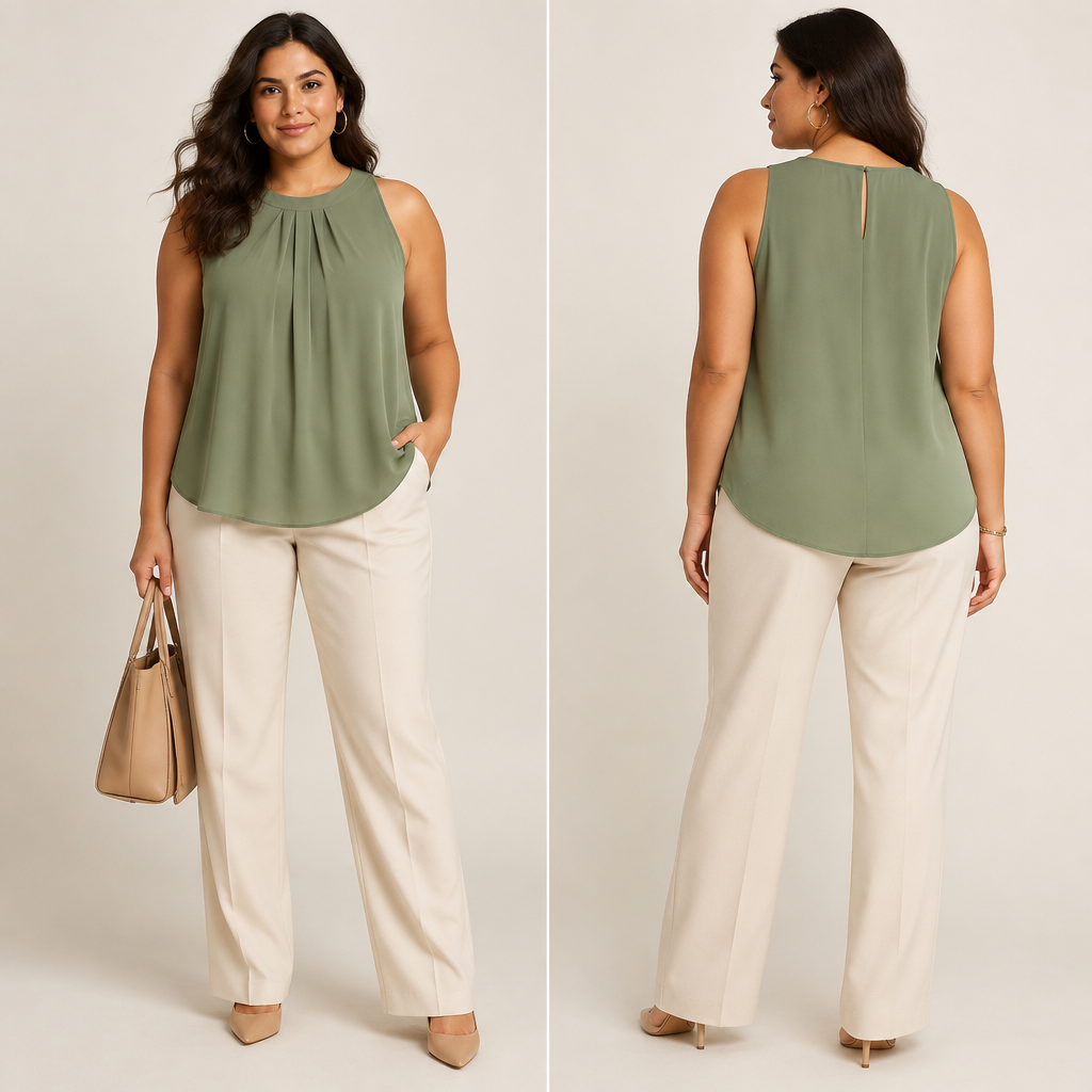 A Female Top design, with a light, flowing drape, with a Tailored silhouette, with modest, full coverage: longer hemlines, higher necklines and covered shoulders, for Work, suitable for Summer, in Casual + Business style, shown on a model with olive skin and a curvy figure. débardeur femme vert pour l'été,tissu très léger pour le travail Present it as professional fashion catalogue photography: the garment is the subject, shown full-length with editorial styling, neutral posing and tasteful, non-suggestive framing.
photorealistic fashion design, A Female Top design, with a light, flowing drape, with a Tailored silhouette, with modest, full coverage: longer hemlines, higher necklines and covered shoulders, for Work, suitable for Summer, in Casual + Business style, shown on a model with olive skin and a curvy figure. débardeur femme vert pour l'été,tissu très léger pour le travail Present it as professional fashion catalogue photography: the garment is the subject, shown full-length with editorial styling, neutral posing and tasteful, non-suggestive framing., casual style, just the design no text, show front and back