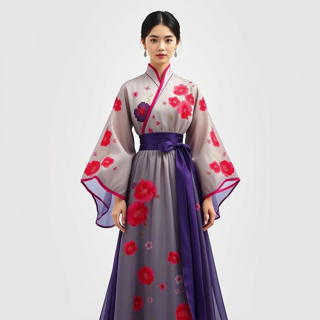 a Chinese style dress with flowers. I want it to be red and purple
Design a captivating Korean-inspired dress featuring elements of traditional Chinese fashion. Imagine a flowing silhouette adorned with vibrant red and purple floral embroidery. The sleeves are wide and billowy, reflecting the elegance of hanbok, while a high waistline adds a contemporary twist. Delicate fabric drapes gracefully, embodying both cultures harmoniously.