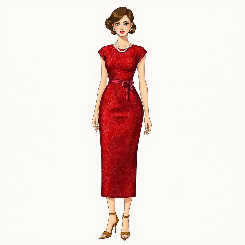 Sparkling red skinny dress
Design a classic fashion piece featuring a sparkling red skinny dress, tailored with a high neckline and delicate cap sleeves. Accentuate the silhouette with a cinched waist and a dramatic A-line skirt, adorned with subtle gold embroidery. Pair with vintage-inspired, strappy heels and a pearl necklace for timeless elegance.