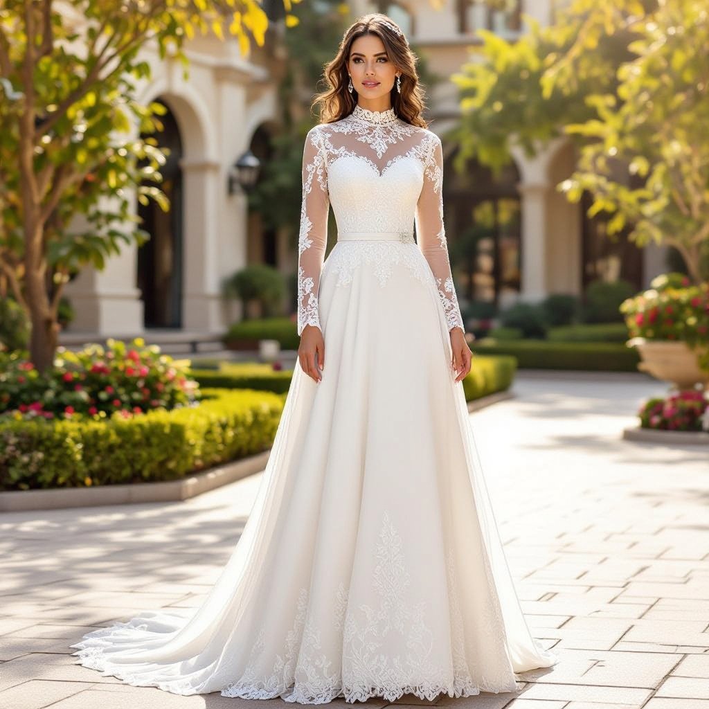 Modest wedding dress for plus size”
Classic fashion: Modest white lace wedding dress for plus size, A-line, high neck, long sleeves.