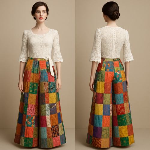 I want to Create one of kind colorful palazzo pant made from scrap fabric with a beautiful styled white lace crop top with a little flare and a belt at the side, designed  for high end fashionista that will make it look sophisticated and gorgeous on a mannequin with a face 