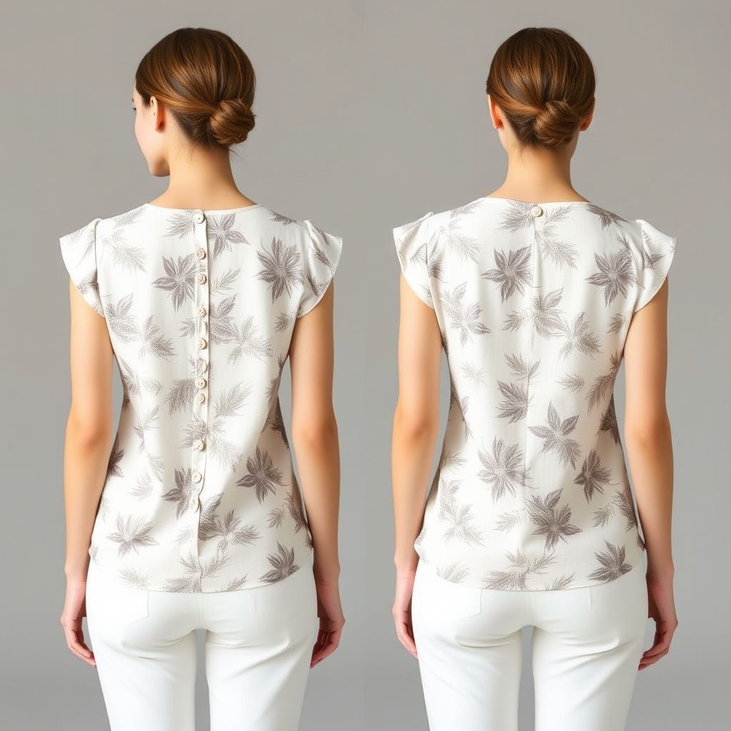 Summer top made from stretchy organic cotton, capped sleeves, fitted, Hawaiian print, shell buttons down the middle of the back, show front and back
Design a minimalist summer top crafted from soft, stretchy organic cotton. Emphasize a fitted silhouette with capped sleeves and a subtle Hawaiian print in muted colors. Showcase sleek shell buttons that gracefully line the middle of the back, ensuring a clean, uncluttered aesthetic. Highlight both the front and back views for a harmonious look.