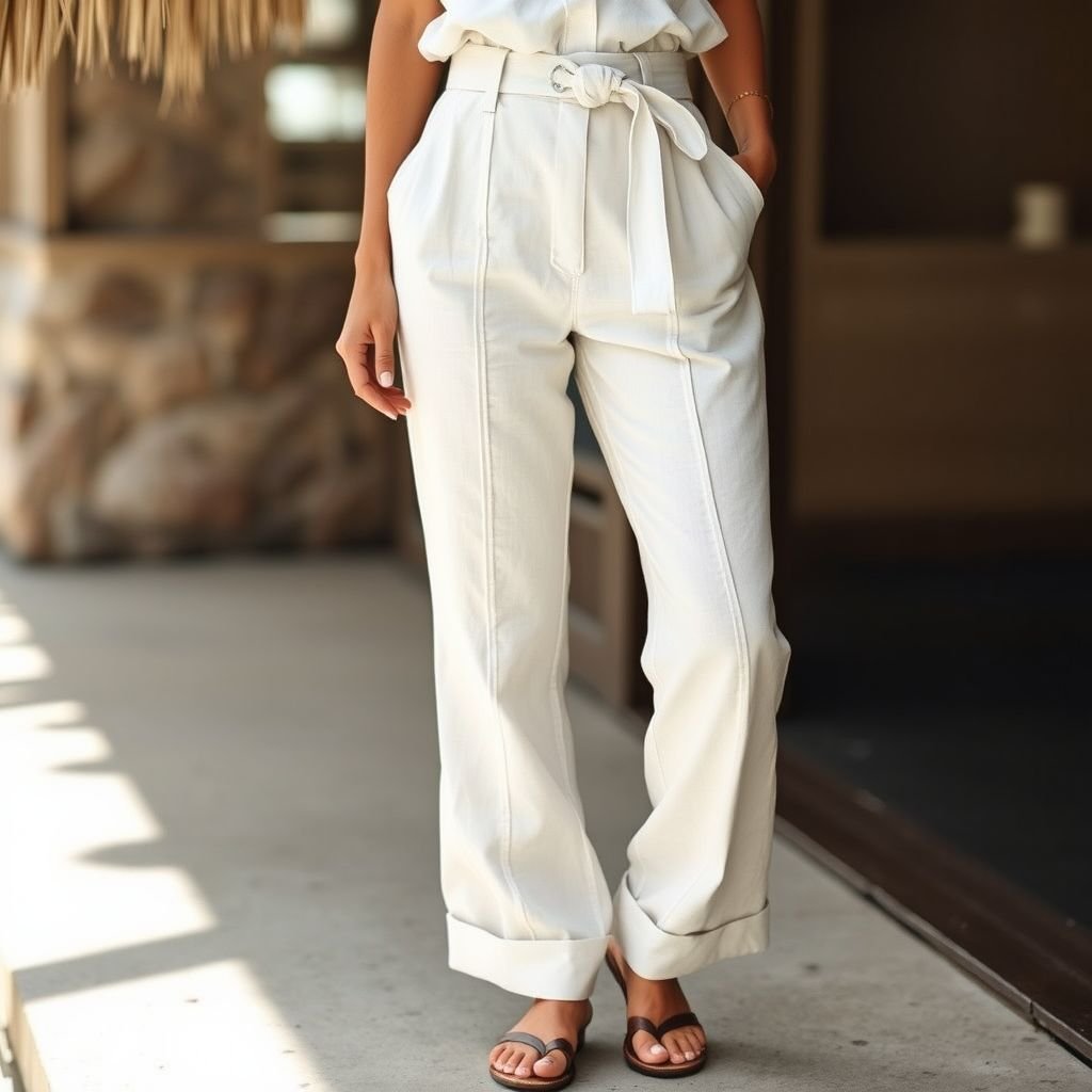 removable self covered belt closer pants style Zimmerman linen pin tucks through Centre
Imagine a pair of Zimmerman-inspired linen pants featuring elegant pin tucks running down the center, accentuating the silhouette. These high-waisted bottoms include a removable self-covered belt for versatility. The relaxed fit is balanced with tailored cuffs, creating an effortlessly chic look perfect for summer gatherings or beachside strolls.