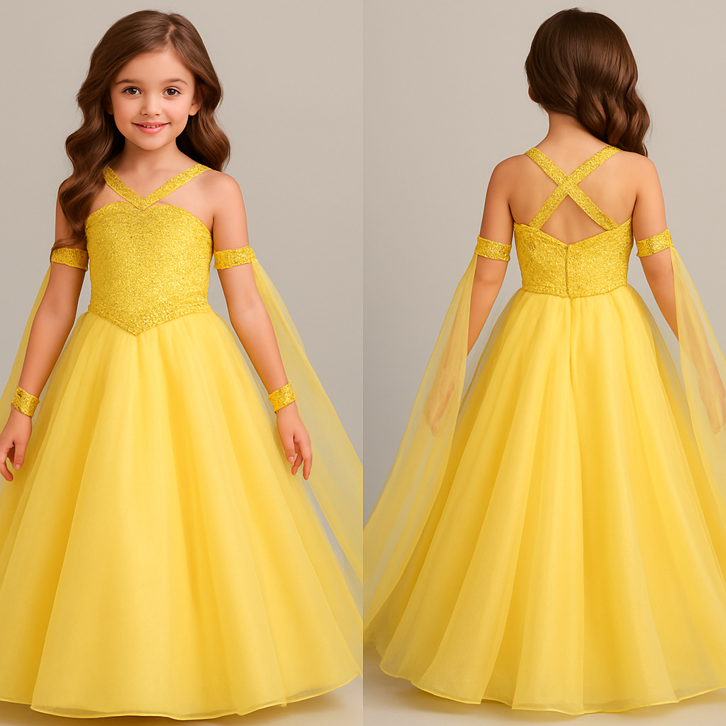 Preteen pageant girl yellow dress that has an Aline mixed with ball gown look. The bodice has yellow rhinestone beading with a sweetheart neckline that has straps that cross on the front and back to make it look like a halter. The waistline is a slanted at an angle with a thick waistline band with full yellow rhinestone beading . The skirt of the dress is organza and hits the floor.
The dress has arm cuffs on the upper arm with yellow rhinestone beading. Then the cape attaches at the back zipper of the dress and drapes in a “w” shape where it attacked on the back of the arm cuffs. The cape is organza fabric and hits down to the floor past the dress.
The back of the dress straps are Criss cross as well with full yellow rhinestones beading.
Preteen pageant girl yellow dress that has an Aline mixed with ball gown look. The bodice has yellow rhinestone beading with a sweetheart neckline that has straps that cross on the front and back to make it look like a halter. The waistline is a slanted at an angle with a thick waistline band with full yellow rhinestone beading . The skirt of the dress is organza and hits the floor.
The dress has arm cuffs on the upper arm with yellow rhinestone beading. Then the cape attaches at the back zipper of the dress and drapes in a “w” shape where it attacked on the back of the arm cuffs. The cape is organza fabric and hits down to the floor past the dress.
The back of the dress straps are Criss cross as well with full yellow rhinestones beading. , show front and back