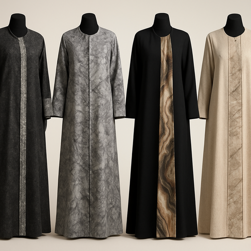 Create a modest abaya that's the first of its kind, featuring a unique stone design that exudes a classy and sophisticated vibe. I'd like four designs, each showcasing different styles and fabrics.
Incorporate high-end, unique chic stone designs to make them truly special.
