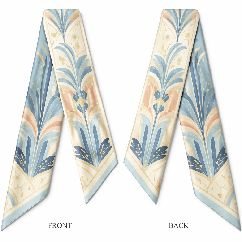 Design a silk scarf that is 5x 86cm with oblique edges. Make it an abstract fountain theme with and art deco style. Way more simple
Design a silk scarf that is 5x 86cm with oblique edges. Make it an abstract fountain theme with and art deco style. Way more simple, classic style, show front and back